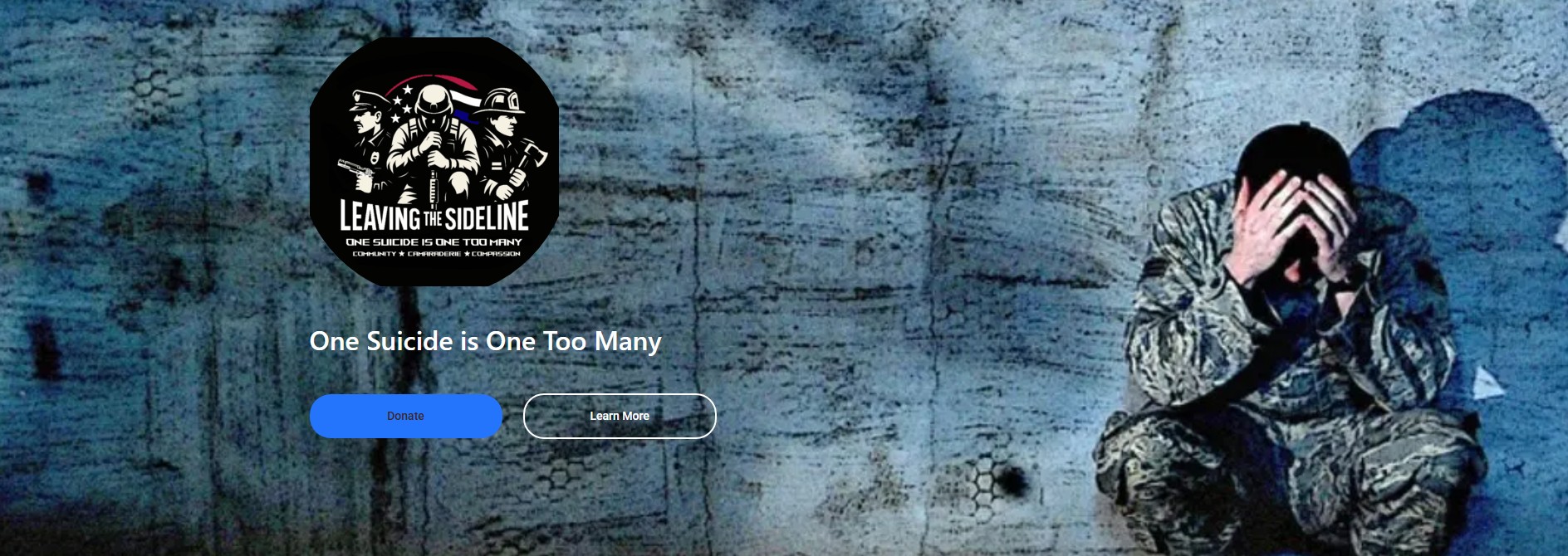 Leaving The Sideline website — veteran-owned suicide prevention nonprofit homepage with mission statement and crisis resources