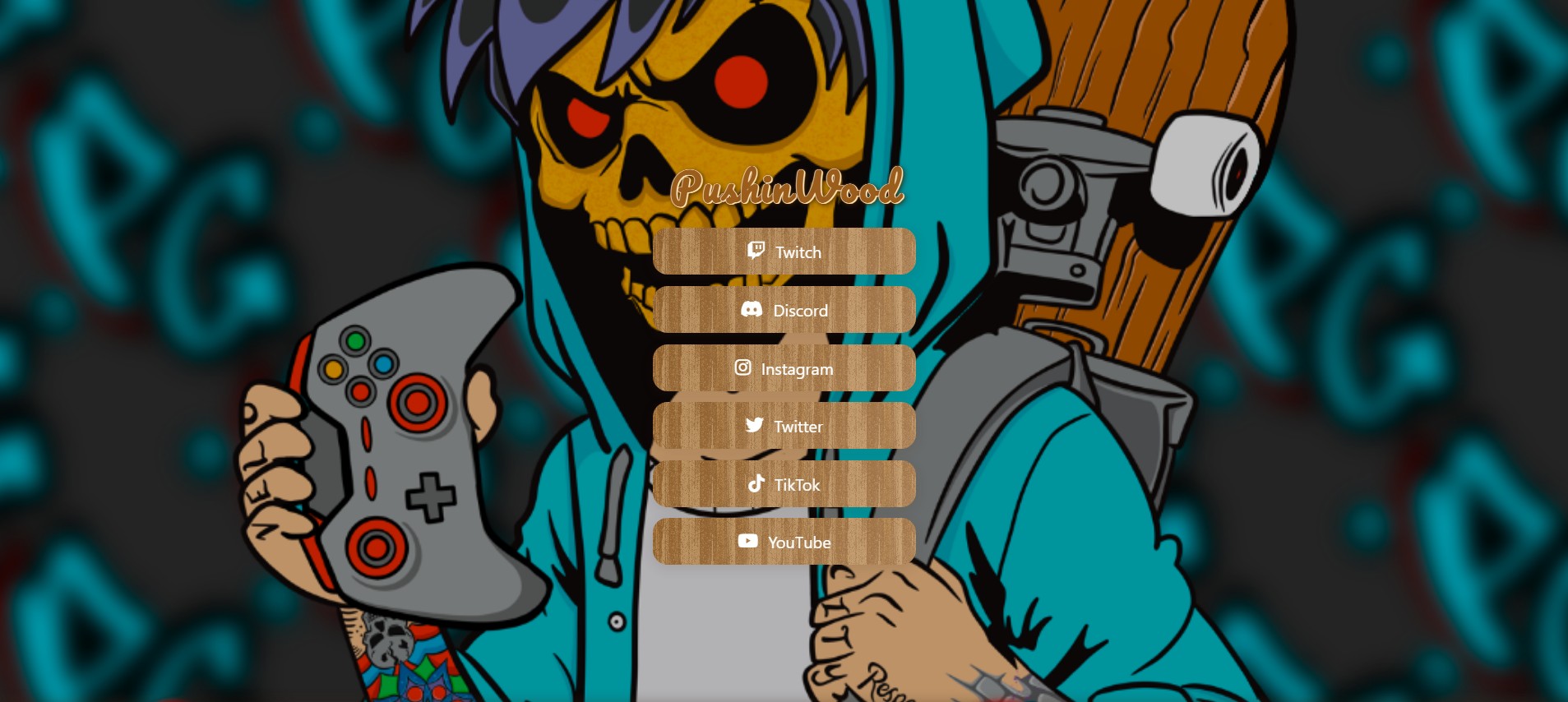 PushinWood Gaming streamer website — branded layout with stream schedule, social links, and gaming aesthetic