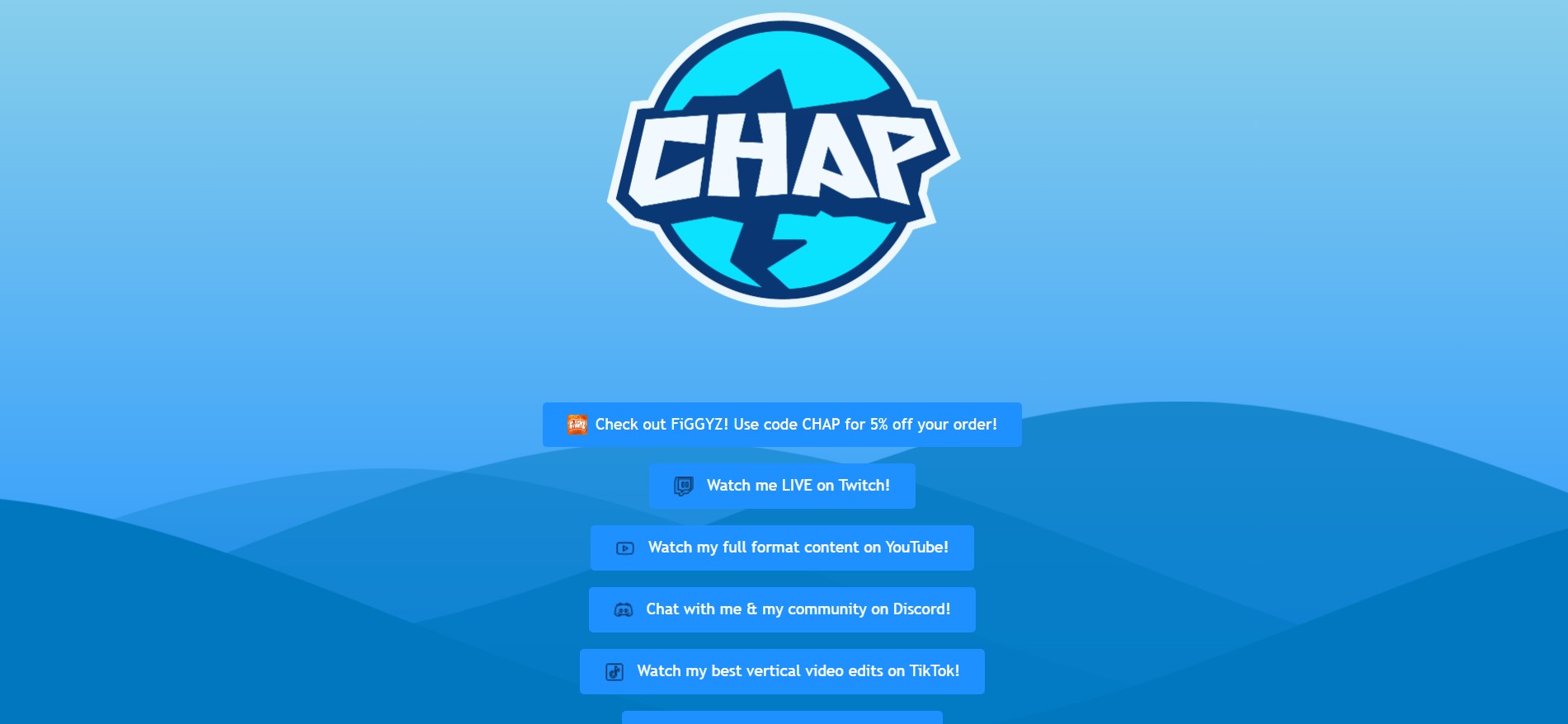 WorldofChap social link page — branded dark layout with Twitch, YouTube, Discord, and social links