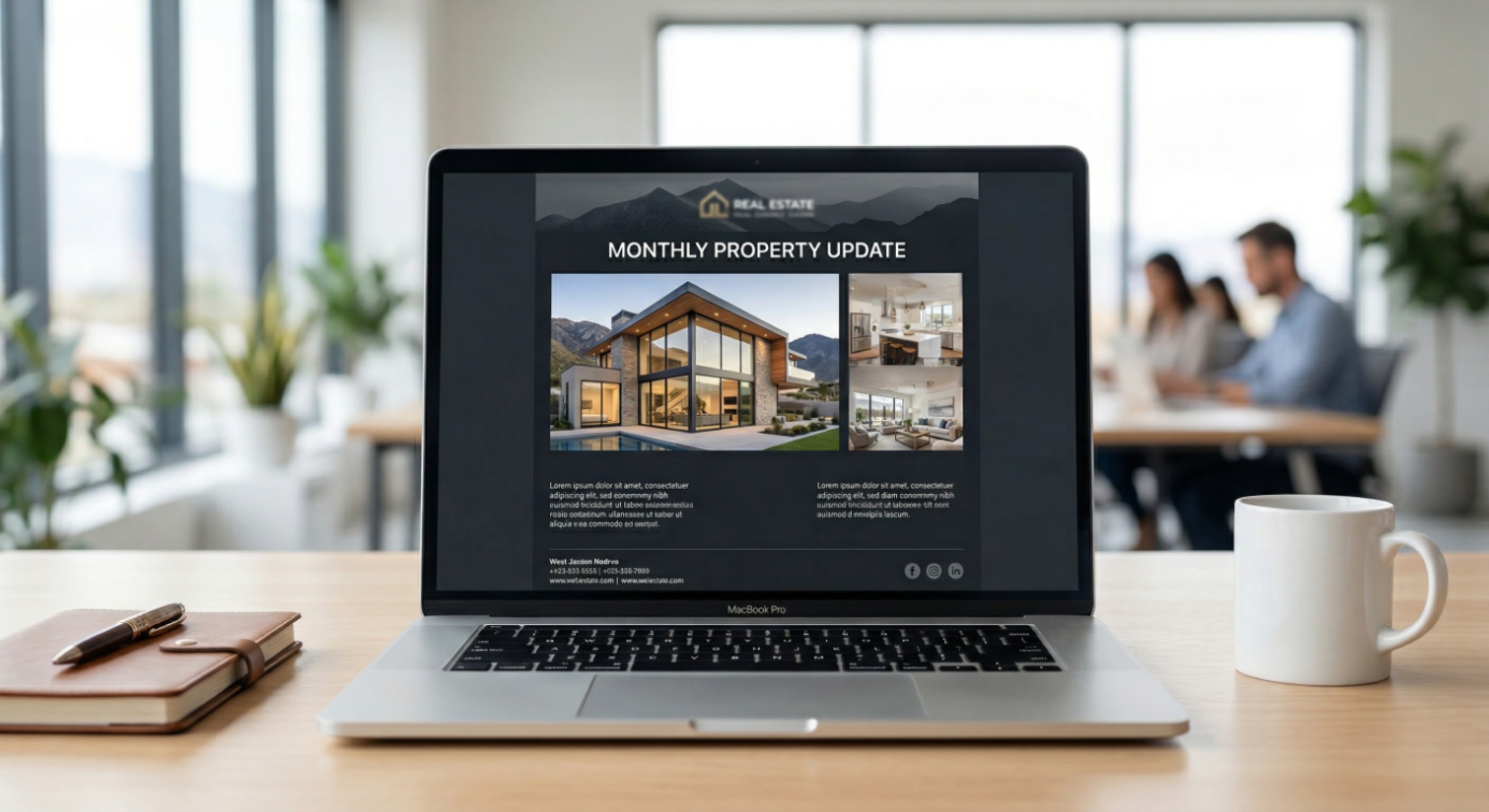 Professional real estate email newsletter displayed on a laptop — clean layout with property photos and a call-to-action button