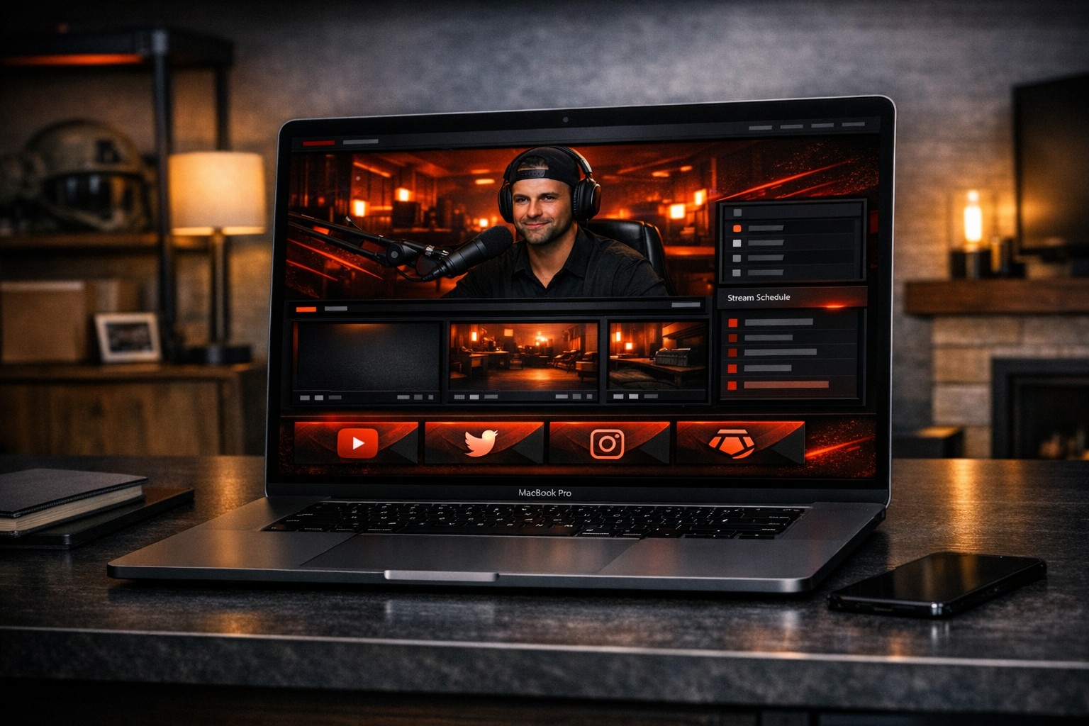Custom Twitch streamer website displayed on a MacBook — dark themed layout with social links and stream schedule