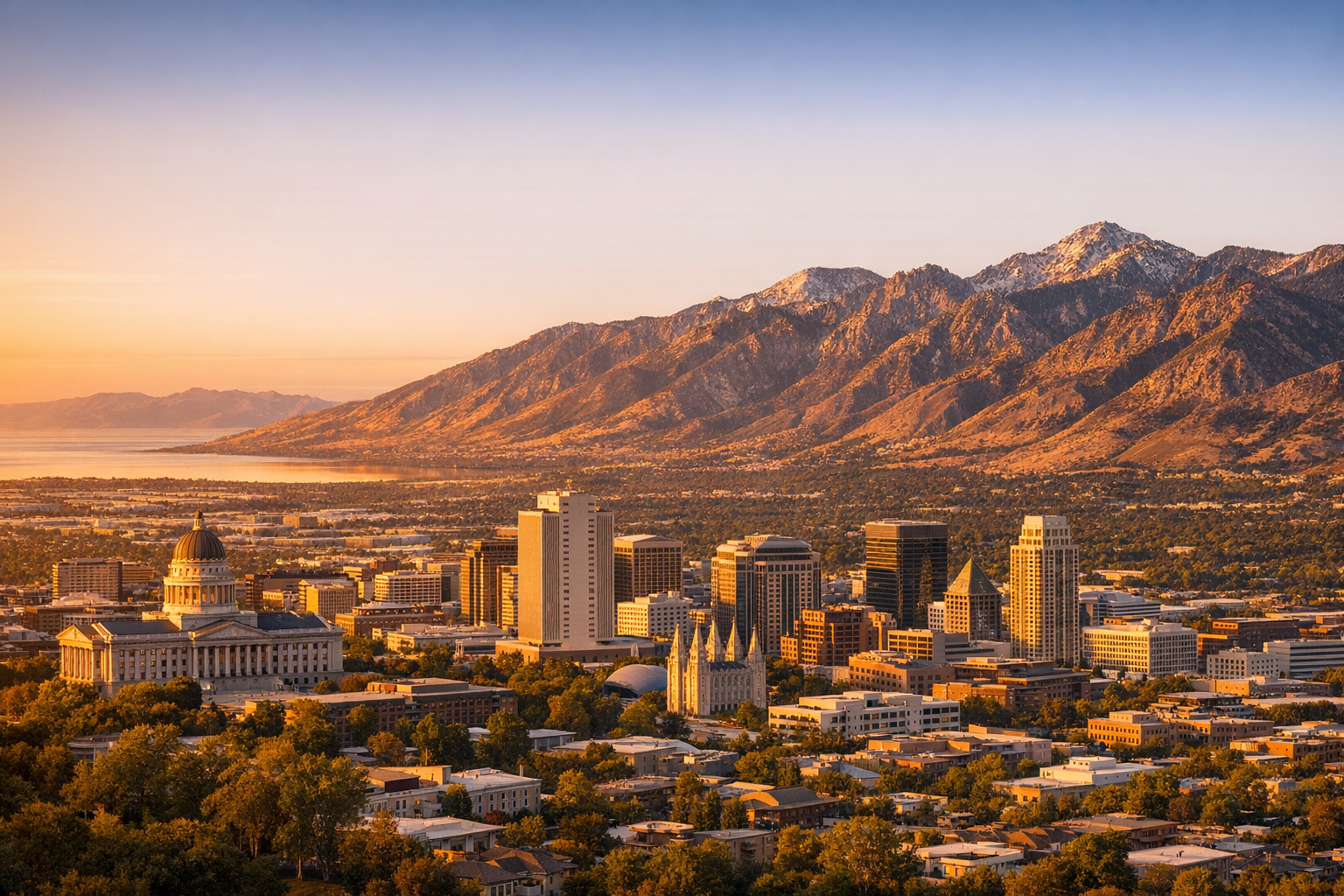 Aerial view of the Salt Lake City skyline with the Wasatch Mountains in the background at golden hour