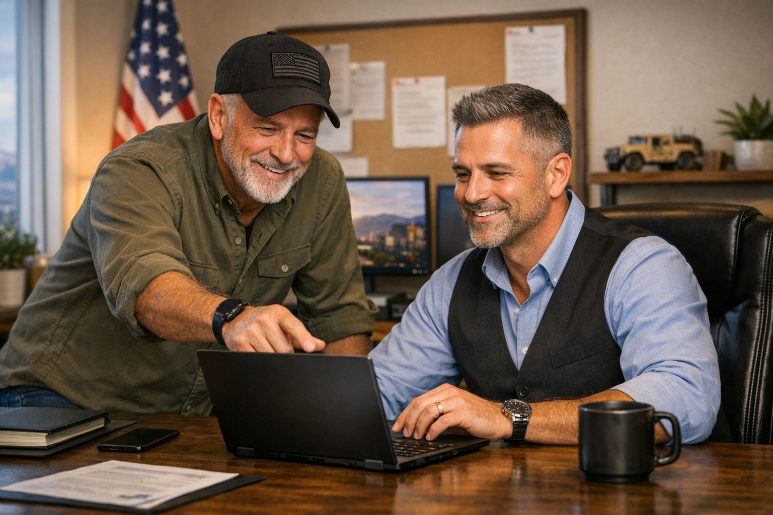 Two veterans in business casual attire collaborating on a business laptop in a small office — one pointing at the screen while the other nods
